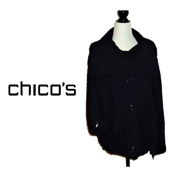 Chico's Wool Blend Navy Chunky Knit Sweater Big Button Up Jacket Size 2 (L) - Picture 1 of 6